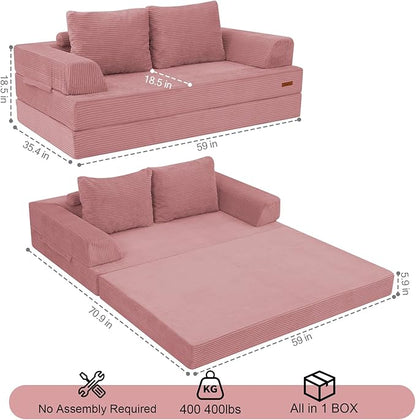 COMAX Convertible Sofa Bed, Folding Floor Couch Corduroy Fold Out Couch Bed Futon Sleeper Mattress with Pillows, Boneless Sofa Comfy Lounge Loveseat for Living Room Bedroom, Pink