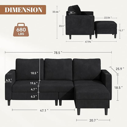 Upholstered Sectional Sofa and Couches, 78'' L Shaped 3-seat Sofa for Living Room, Apartment, Lounge,Bedroom-Washable Covers Convertible Sofas(Corduroy,Black)