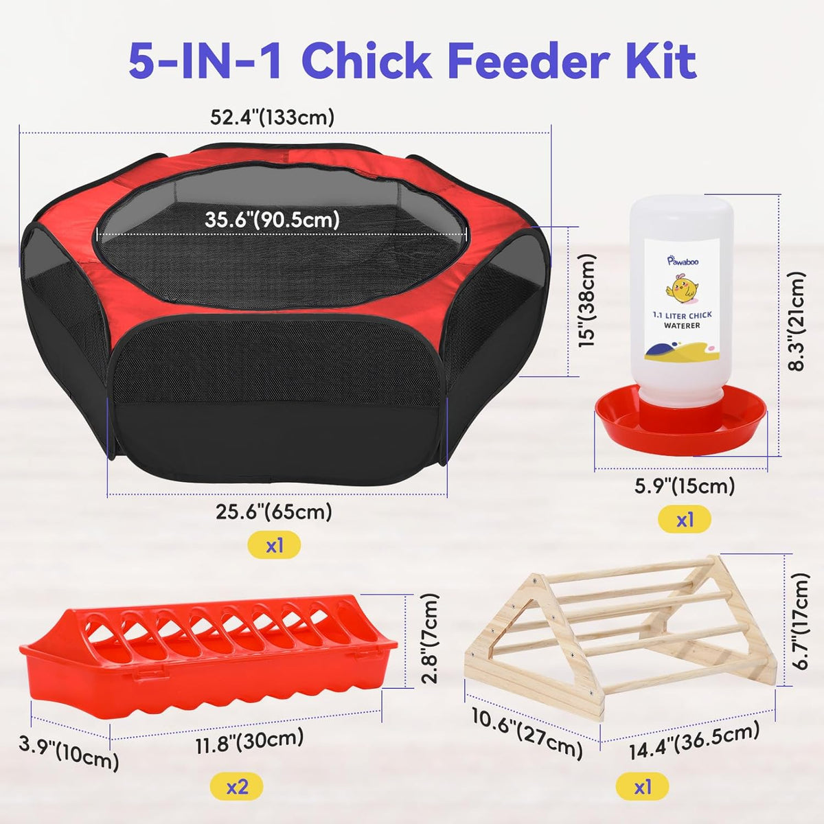 Pawaboo 5-in-1 Chicken Brooder Box for Chick Starter Kit, Includes Pet Cage Tent, Chicks Perch, Chicks Feeder, 1.1L Chick Waterer, Baby Chicken Supplies (Brooder Set), Red+Black