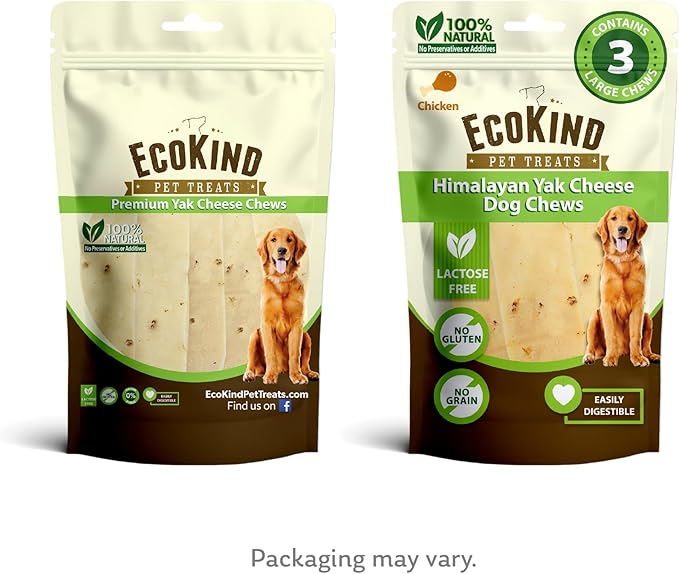 EcoKind Premium Gold Yak Cheese Himalayan Dog Chews, Dog Treats Large Breed, All Natural, High Protein Dog Chew, Chicken, Large - 3 Chews