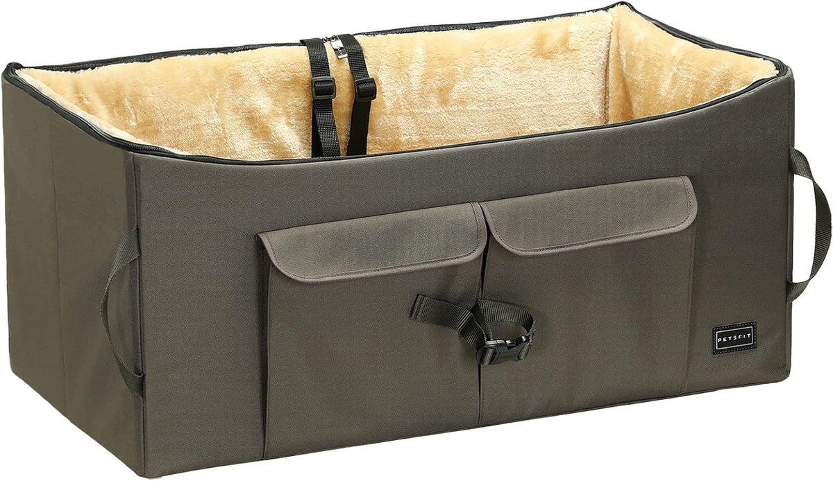 Petsfit Dog Booster Seat For 2 Small Dogs or Medium Dog up to 45 lb, Large Dog Car Seat With 2 Big Pockets for Cars, Trucks and SUVs (Large, Dark Brown)