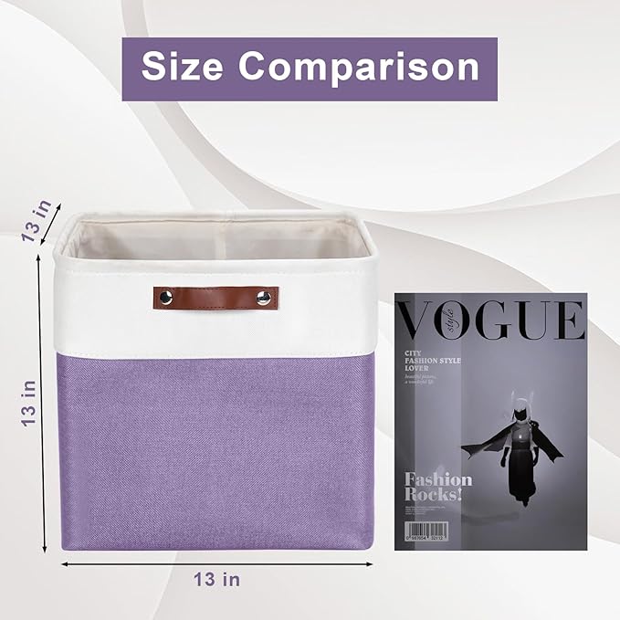 13x13 Cube Storage Bins, Collapsible Fabric Storage Box, 4 Pack Closet Baskets with Handles for Organizing, Shelf, Toys, Clothes, Home, Office, Nursery (Purple&White)