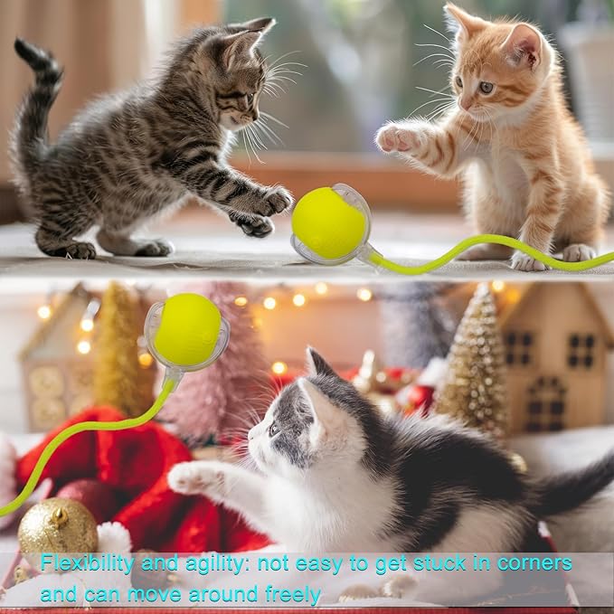 Interactive Cat Dog Toy Ball: Indoor Small Automatic Moving Smart Rolling Fun Pet Game with Led Light and String Tail for Motion Activated, Cute Kitten Puppy Present, Exercise Wheel Supplies (Yellow)