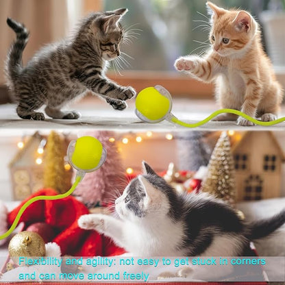 Interactive Cat Dog Toy Ball: Indoor Small Automatic Moving Smart Rolling Fun Pet Game with Led Light and String Tail for Motion Activated, Cute Kitten Puppy Present, Exercise Wheel Supplies (Yellow)