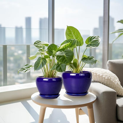 Flower Pots for Indoor Plants- Ceramic Pots for Plants 10 Inch 8 Inch 6 Inch Plant Pots with Drainage Holes and Saucers Decorative Large Planters for Outdoor Plants Set of 3 Blue