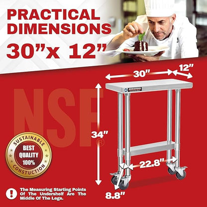 DuraSteel 30x12 NSF Stainless Steel Cart Work Table - Heavy Duty Rolling Food Prep Table - Metal Utility Cart on Wheels Caster, Grill Stand Microwave Outdoor Kitchen Tables Countertop Island Top Vevor