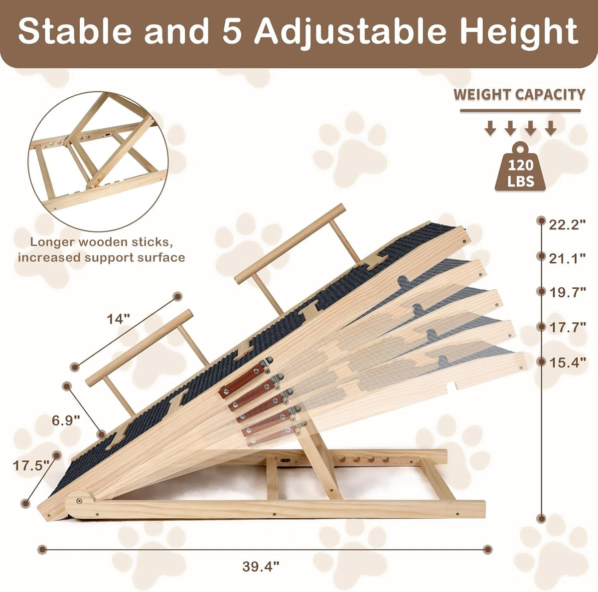 Dog Ramp for Bed, Non-Slip Pet Ramp with 5 Adjustable Heights, Portable Foldable Wooden 40" Long Pet Stairs for Small & Large Old Dogs & Cats - Lightweight & Easy Storage