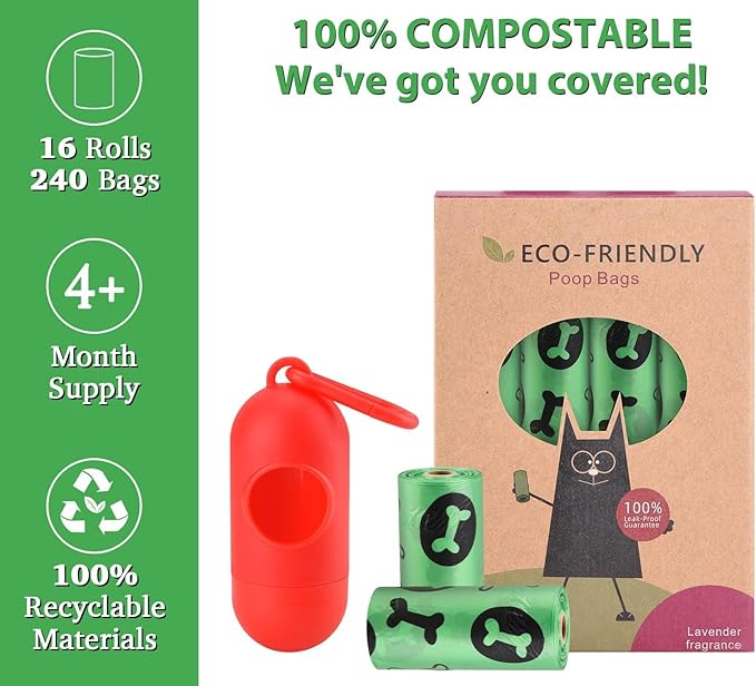 Biodegradable Dog Poo Bags with Holder-240 Large Poop Bags, Corn Starch Blended Compostable Poo Bag, Extra Thick Strong Leak Proof Poop Waste Bag for Dogs (Green)
