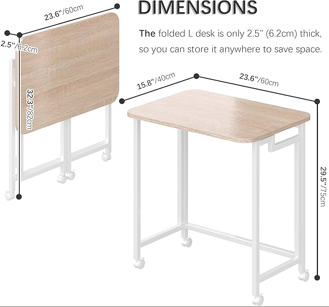4NM 23.6" Mobile Small Rolling Computer Desk, Folding Laptop Cart Table with Wheels, Portable Office Desk for Small Space Couch Bed - Natural and White
