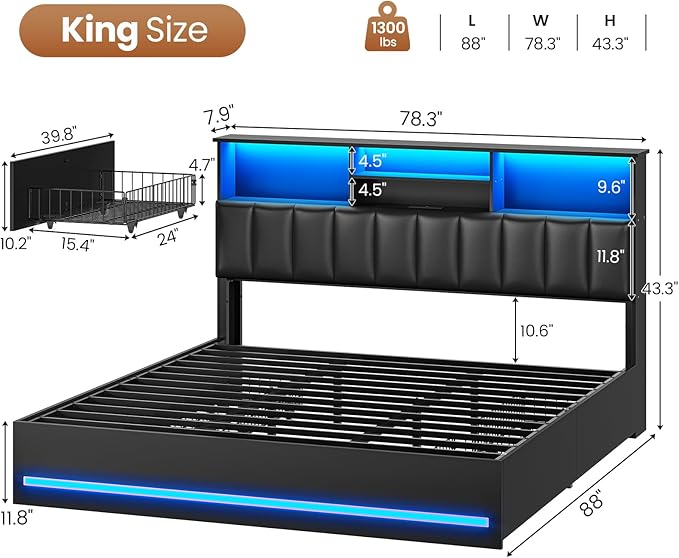 AOGLLATI King Size Bed Frame with 4 Storage Drawers, Black King Bed Frame Wood with Charging Station (Type-C and USB), Led Light and Hidden Bookcase Headboard, Black