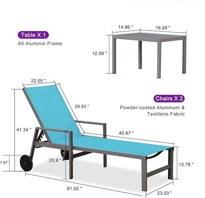 PURPLE LEAF Outdoor Chaise Lounge Set for 2 Aluminum Patio Chaise Lounger Chairs with Armrest and Wheels Adjustable Pool Chaise Lounge Chair for Beach Yard Poolside Table Included, Blue