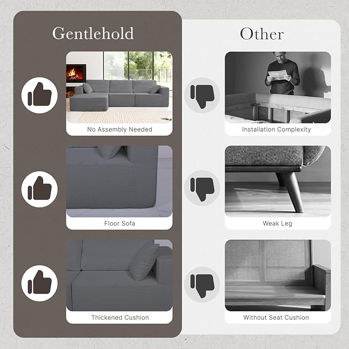 108” Modular Sectional Sofa Couch with Ottoman, 3-Seater Boneless Couch, L Shape Sectional Sofa Compressed Sofa for Living Room Bedroom, No Assembly Needed (Grey, 3 Seats+1 Ottoman)