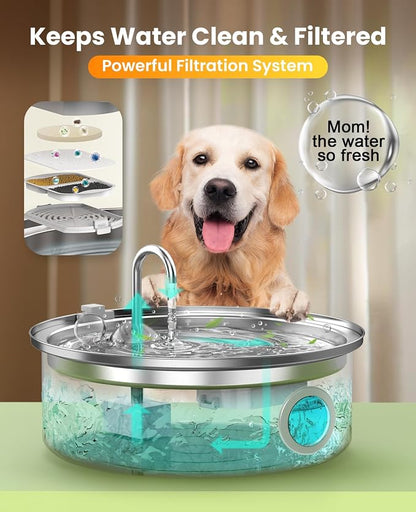 Oneisall Pet Water Fountain with 5 Set Filters, 7L/230oz Quiet Dog Water Dispenser, Stainless Steel Dog Fountain with Visual Water Level&4-Layer Filtration for Large Dogs