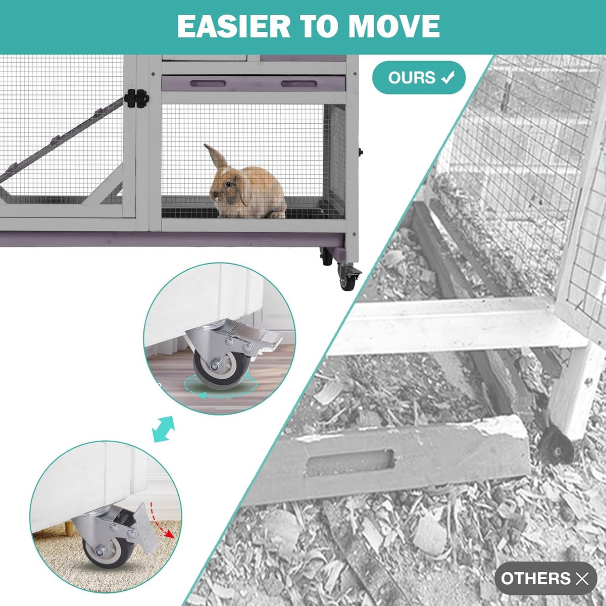Rabbit Hutch Indoor for 2-4 Rabbits & Guinea Pigs，Bunny Cage with Slide-Out Plastic Trays，Wooden Small Animal Cage for Rabbits, Bunnies, and Guinea Pigs