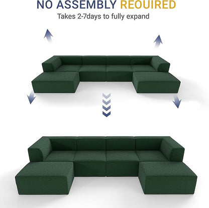 136" 6-Piece Sectional Sofa Modular Couches,L-U-Shaped with Chaise,for Living Room,Compressed Foam No Assembly,for Living Room (2xArmless Corner Ottoman) Fabric Chenille Green