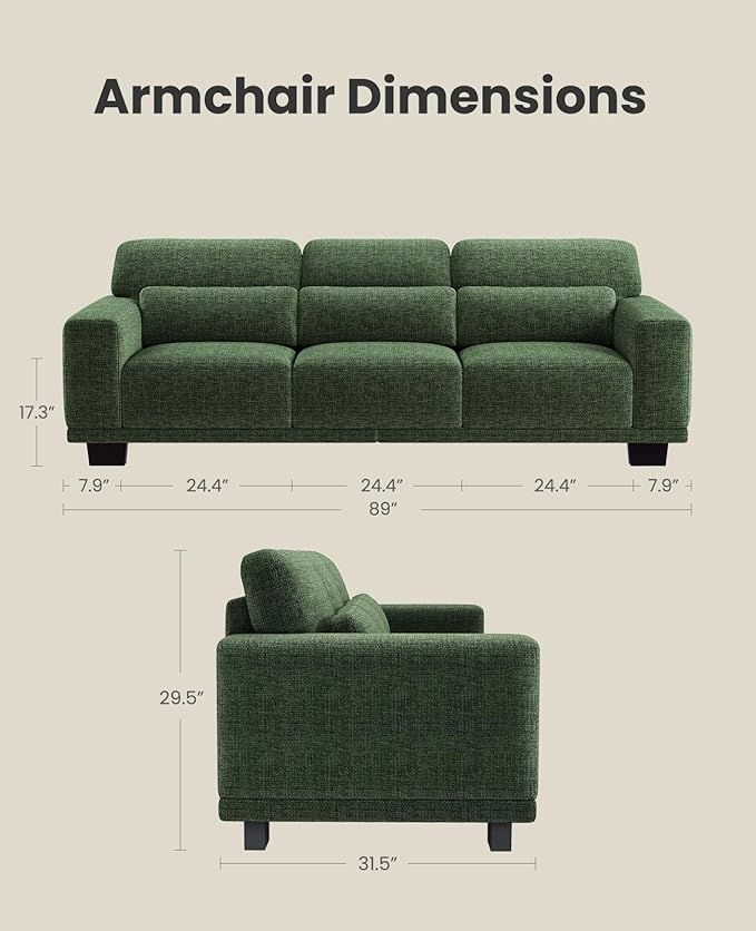 Amada 89" Sofa, 3 Seater Couch for Living Room, Modern Sofa with Deep Seats & Wide Armrests, Comfy Couch with Removable Washable Covers, Linen Fabric, Easy Assembly