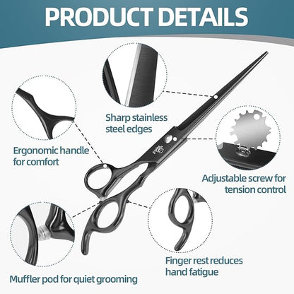 7.0" Professional Dog Grooming Scissors Kit – 3-Piece Set with Straight, Curved & Thinning Shears, Black Japanese Stainless Steel, Includes Grooming Comb for Dogs & Cats