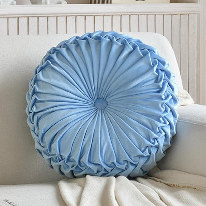 Teieas Round Throw Pillow Velvet Home Decoration Pleated Round Pillow Cushion for Couch Chair Bed Car Light Blue