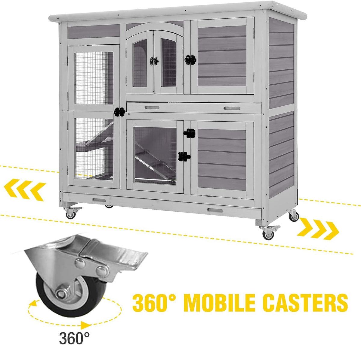 Aivituvin Rabbit Hutch Indoor, Bunny Cage with Wheels, 2-Story Design, 2 Deep Trays, Anti Slip Ramp, Ideal for Small Animals - Grey