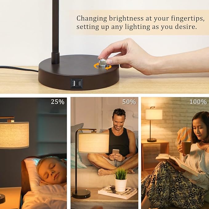 Table Lamps Set of 2, Fully Dimmable Bedside Lamp with USB C+A Charging Ports, Modern Nightstand Lamps with Linen Fabric Shades, Tall Desk Lamp for Bedroom, Living Room, Office, LED Bulb Included