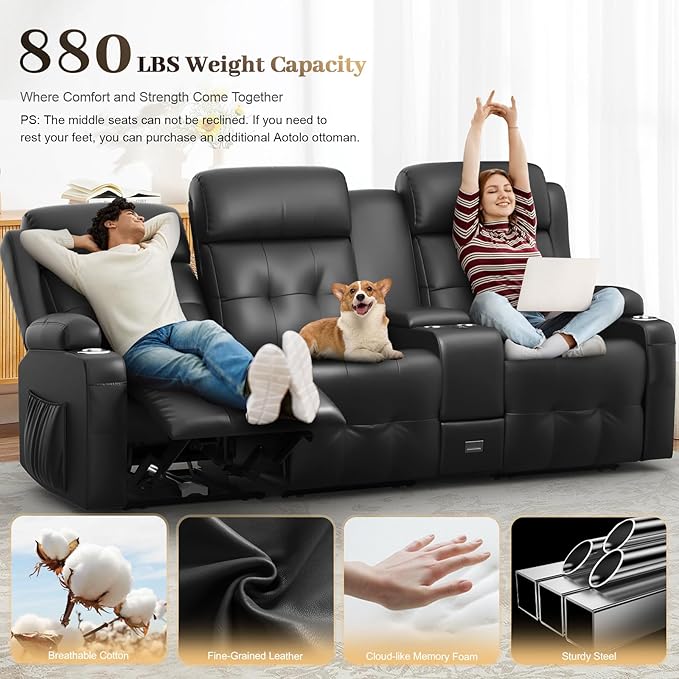 Recliner Sofa, 3 Sets of Massage Reclining 3 Seater Sofa Sets Heavy Weight Capacity, RV Loveseat Couch Clearance with Console, USB, Type C Port, Storage, Cup Holders, Wall Hugger Chair for Living Room