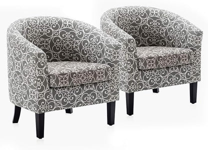 BELLEZE Accent Barrel Chair Set of 2, Linen Round Chair Club Tub Sofa Corner Chair with Flared Legs and Cozy Soft Padding for Living Room Bedroom Waiting Room - White & Gray