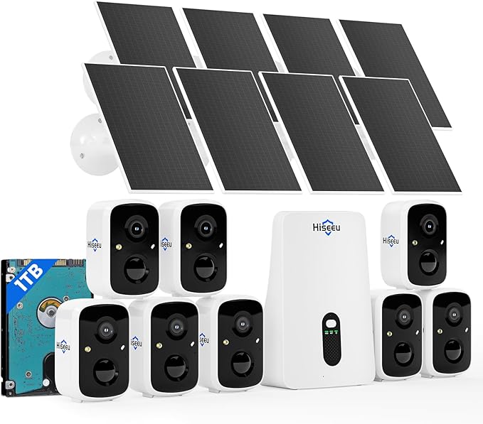 Hiseeu Solar Security Cameras Wireless Outdoor System, 8 Cam-Kit, Expandable to