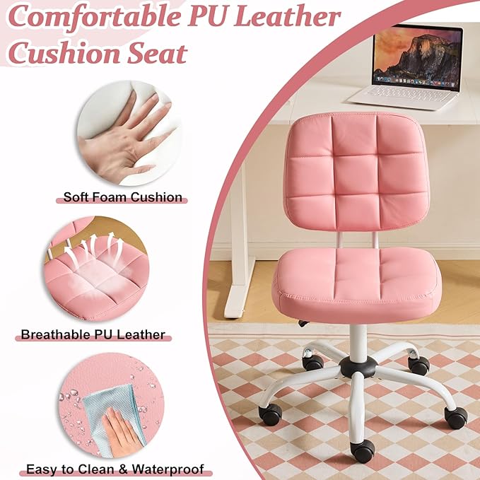 VINGLI Compact Small Desk Chair, Cute Armless Chair with Wheels, Vanity Chair with Low Back, Height Adjustable Task Chair for Small Spaces, Office, Bedroom, Make Up Room, PU Leather, Pink