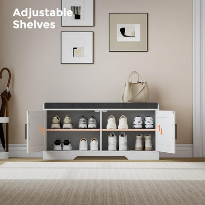 2-Tier Storage Bench, Shoe Bench with Thickened Padded Seat Cushion, Entryway Bench with 2 Doors, Adjustable Shelf, 13.8" D x 37.4" W x 18.5" H, for Entryway, Living Room, Bedroom, White