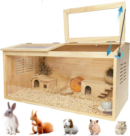 Wooden Hamster Cage,32" Lx16 Wx16 H,Animal Cabinet for Dwarf Syrian Hamsters Degus, Hamster Habitat with Openable Top and Large Acrylic Sheets, Natural Wooden Hamster Habitat.