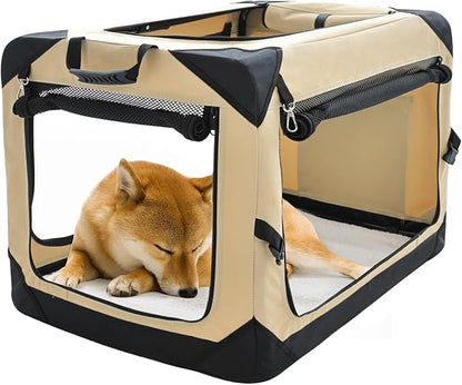 Pettycare 30 Inch Collapsible Dog Crate for Medium Dogs, 4-Door Foldable Soft Dog Kennel with Chew Proof Mesh Windows, Indoor & Outdoor Travel Dog Crate, Beige