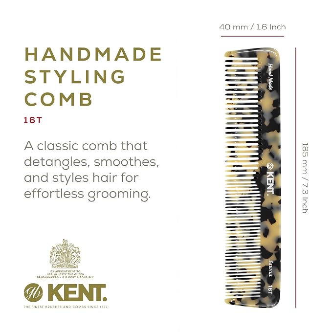 Kent 16T TW Fine Tooth and Wide Tooth Comb for Daily Grooming, Handmade Styling Comb for All Hair Types, Styling and Detangling Combs for Men and Women
