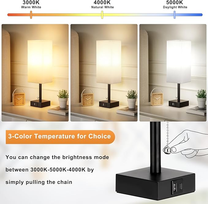 Bedside Table Lamps Set of 2 - Small White Bedroom Lamps with 3 Color Temperatures (3000K/5000K/4000K), Square Nightstand Lamp with USB C + A Charging Ports, Pull Chain Night Light