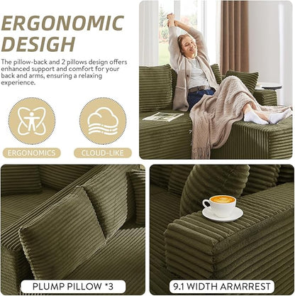 104 Inch Cloud Sectional Couch with L-Shape Chaise,Modern Boneless Couches with Deep Seat,Corduroy Sponge Compressed Sofa for Living Room, Bedroom,No Assembly Required (Green, Right Facing Chaise)