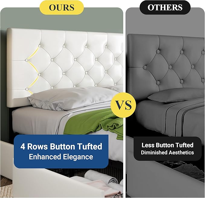 Allewie Upholstered Full Size Platform Bed Frame with 4 Storage Drawers and Headboard, Diamond Stitched Button Tufted, Mattress Foundation with Wooden Slats Support, No Box Spring Needed, White