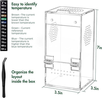 Pre-Assembled Jumping Spider Enclosure, Acrylic Terrarium with Magnetic Door & All-Side Ventilation, Habitat for Spiderling, Mantis, Tarantula, Snail, 3.5"×3.5"×7" (Tweezer & Temp Sticker Included)