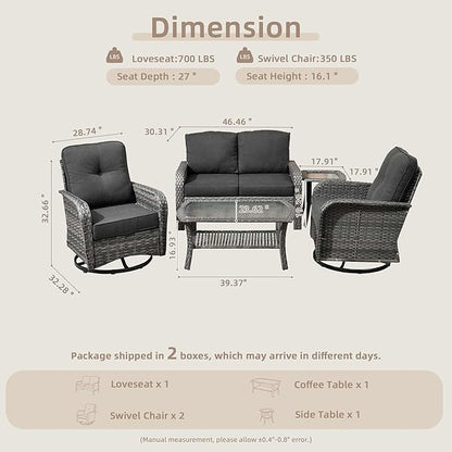 CAODOC 5 Pieces Patio Furniture Set,Outdoor Furniture with Rockers, Rattan Conversation Sets w/Coffee Table, Grey Wicker Black Cushion