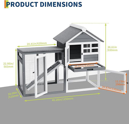 2-Story Rabbit Hutch, Small Wooden Chicken Coop, with Waterproof Roof, Pull Out Tray and Anti-Slip Ramp, Bunny Cage for Indoor Outdoor (45.28" L x 20.08" W x 36.61" H)