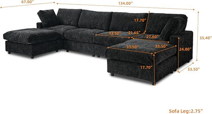 JACH U Shape Sectional Couches for Living Room, Modular Sofa with Chaise Ottomans, Cloud Sectional Couch, Sofa Covers Washable, Minimalist Couch for Living Room, Apartment, Black