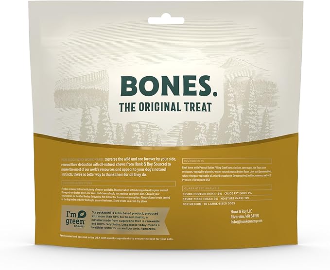 Hank & Roy All-Natural, Peanut Butter Filled Dog Bones, Long Lasting, Engaging Stuffed Shin Bones for Dogs, Individually Wrapped for Odor Control and Freshness