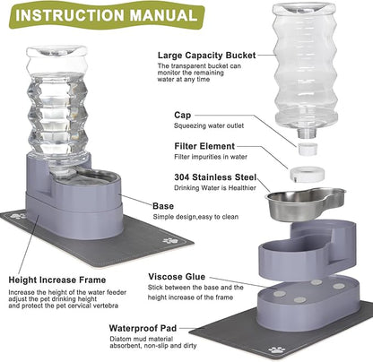 RIZZARI Large Water Dispenser for Dogs: 8L Gravity Gray Automatic Stainless