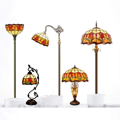 WERFACTORY Tiffany Floor Lamp Red Amber Tulip Flower Stained Glass Standing Reading Light 16X16X64 Inches Antique Pole Corner Lamp Decor Bedroom Living Room Home Office S030 Series