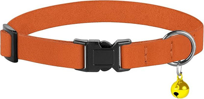 Breakaway Cat Collar Leather with Removable Bell - 13 Colors Available - Soft Adjustable Girl Boy Safety Lightweight Pet Kitten Collars Pink Brown Blue Green Red Orange Black (Orange)
