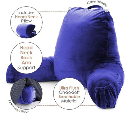 Nestl Reading Pillow with Shredded Memory Foam Includes 2 Neck and Lumber Support Pillows, Designed for Sitting Up in Bed and Couch, Back and Arms Adjustable Support for Adult & Teens, Royal Blue