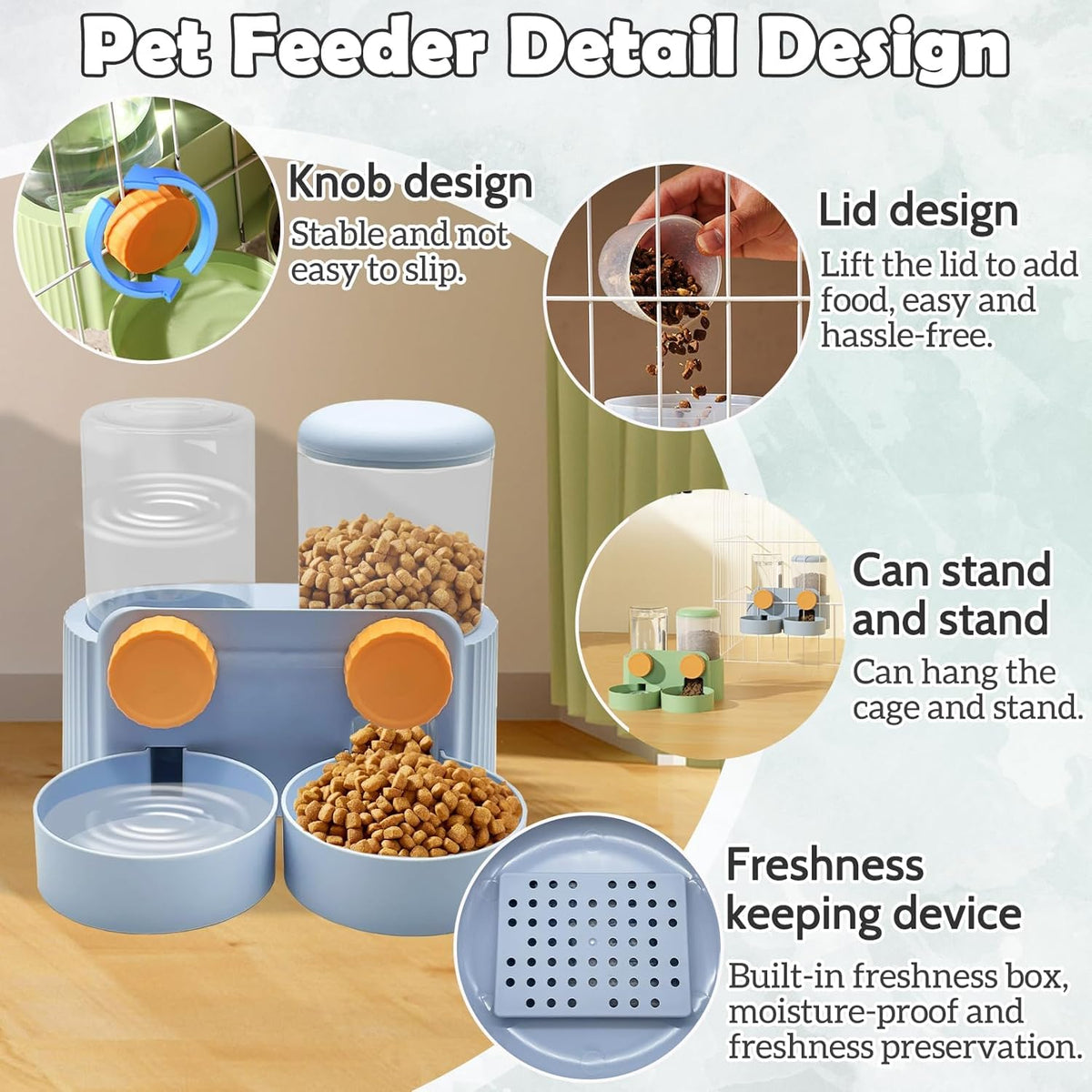 kathson Automatic Rabbit Food and Water Dispenser for Cage, Auto Gravity Bunny Feeder and Water Set Hanging Small Animal Feeding & Watering Supplies for Guinea Pig Ferret Puppy Kitten (Blue)