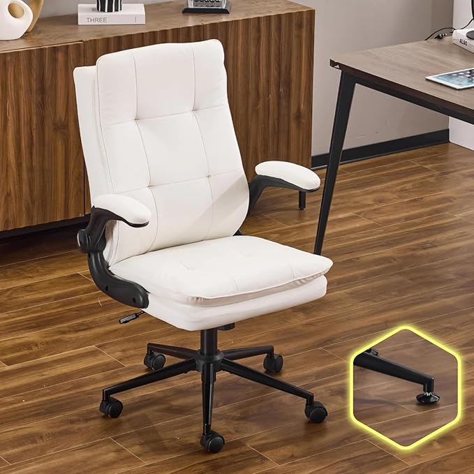 VINGLI Comfy White Leather Office Desk Chair, High-Back Support Ergonomic Computer Task Gaming Chair,with Removable wheels,360° Swivel,Adjustable Height,Flip-Up Arms,for Adults,Teen,Vanity,Home Office