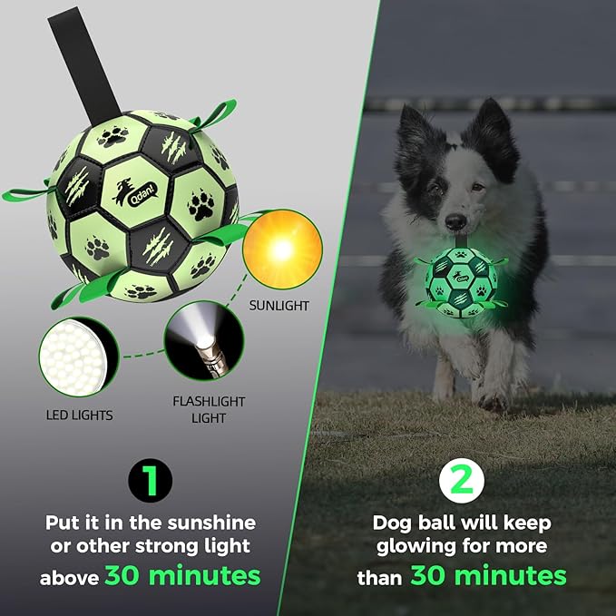 QDAN Premium Dog Ball, Glow in The Dark Dog Toys, Light Up Soccer Ball for Dogs, Outdoor Dog Toys, Doggy Water Toy, Puppy Birthday Gifts for Small Medium (6 Inch)