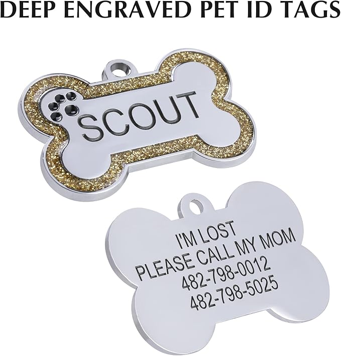 Personalized Stainless Steel Pet ID Tags with Glittery Bone Design - DEEP Engraved Dog Tags Engraved for Pets Customized with 5 Lines Dogs and Cats Pets