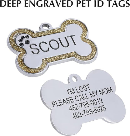 Personalized Stainless Steel Pet ID Tags with Glittery Bone Design - DEEP Engraved Dog Tags Engraved for Pets Customized with 5 Lines Dogs and Cats Pets