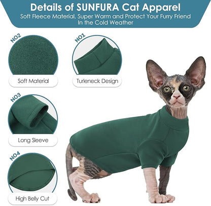 SUNFURA Turtleneck Sweater for Cat, Sphynx Hairless Cats Shirt Sweaters with Sleeves, Warm and Soft Kitten Pullover Fleece Winter Pajamas Jumpsuit for Puppy, Green L